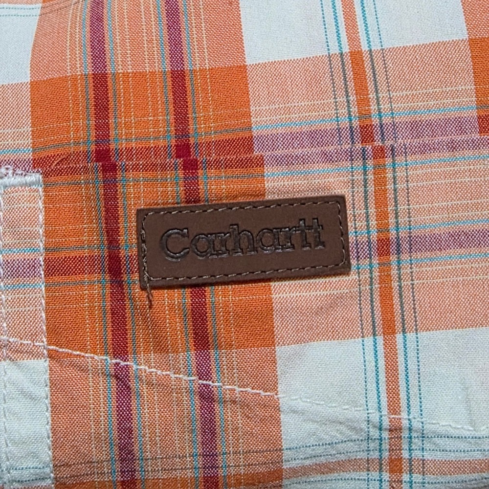 Carhartt MensPlaid Short Sleeve Button Up Shirt Orange White Cotton 2XL Workwear - Picture 10 of 10